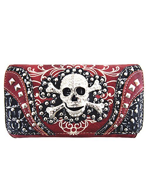 Western Style Sugar Skull Studded Country Purse Single Shoulder Bag Clutch Women Blocking Wristlet Wallet