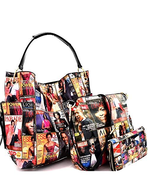 Michelle Obama Magazine Cover Print Multi Pocket 3 in 1 Single Strap Hobo Purse Handbag Crossbody Bag Wallet SET