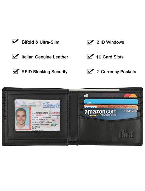 Wallet for Men-Genuine Leather RFID Blocking Bifold Stylish Wallet With 2 ID Window (Black-Smooth Leather)