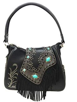 Ladies Shoulder Bag Purse Turquoise Rhinestones Leather Fringe