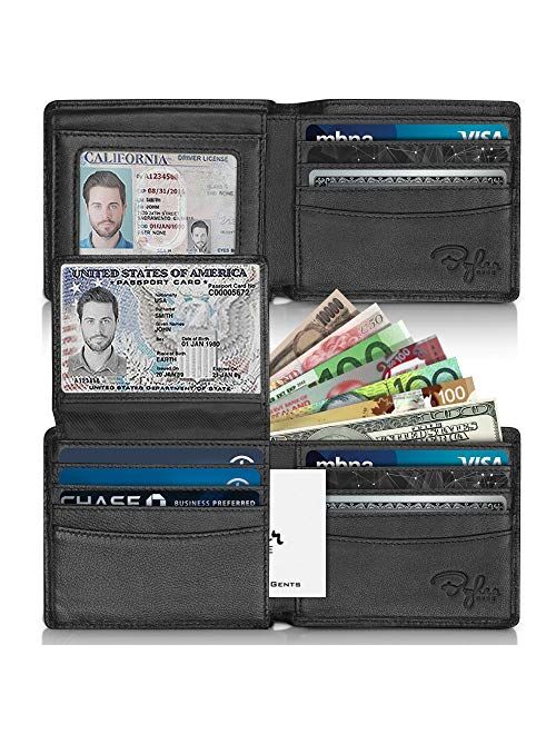 2 ID Window RFID Wallet for Men, Bifold Top Flip, Extra Capacity Travel Wallet (Black - Smooth Napa Grade a Leather, Medium)