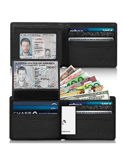 2 ID Window RFID Wallet for Men, Bifold Top Flip, Extra Capacity Travel Wallet (Black - Pebble Leather, Medium)