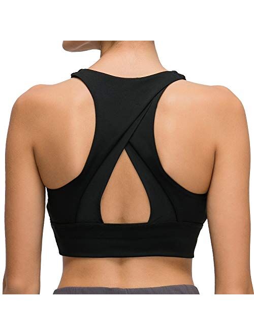 Lavento Women's High Neck Sports Bra Medium Support Workout Yoga Longline Tops