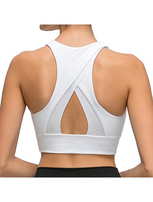 Lavento Women's High Neck Sports Bra Medium Support Workout Yoga Longline Tops