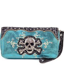 Justin West Rhinestone Skull Embroidery Floral Design Shoulder Chain Handbag