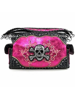 Justin West Rhinestone Skull Embroidery Floral Design Shoulder Chain Handbag