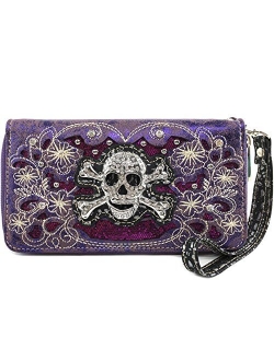 Justin West Rhinestone Skull Embroidery Floral Design Shoulder Chain Handbag