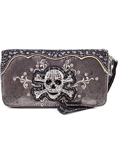 Justin West Rhinestone Skull Embroidery Floral Design Shoulder Chain Handbag