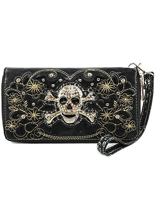 Justin West Rhinestone Skull Embroidery Floral Design Shoulder Chain Handbag