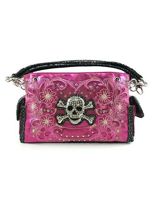 Justin West Rhinestone Skull Embroidery Floral Design Shoulder Chain Handbag