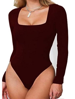 SUNRO Women's Sexy Long Sleeves Round Neck Basic Leotard Bodysuit Jumpsuit