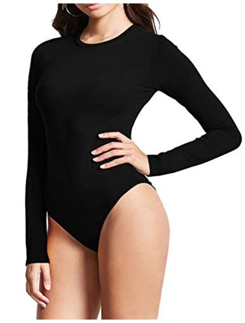 SUNRO Women's Sexy Long Sleeves Round Neck Basic Leotard Bodysuit Jumpsuit