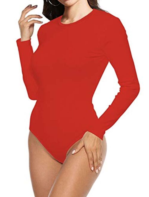 SUNRO Women's Sexy Long Sleeves Round Neck Basic Leotard Bodysuit Jumpsuit