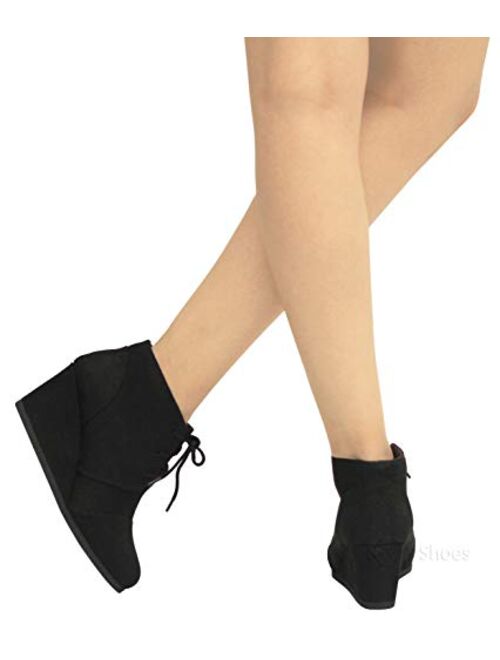 MVE Black Faux Leather Lice Up Ankle High Heel Wedges Booties 