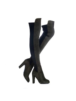 Shoe'N Tale Women Faux Suede Chunky Heel Stretch Over The Knee Thigh High Boots