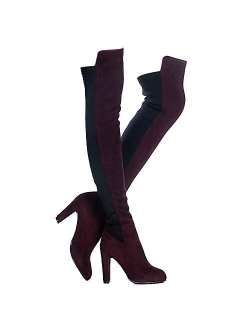 Shoe'N Tale Women Faux Suede Chunky Heel Stretch Over The Knee Thigh High Boots