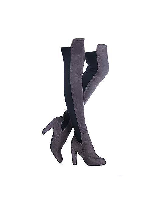 Shoe'N Tale Women Faux Suede Chunky Heel Stretch Over The Knee Thigh High Boots