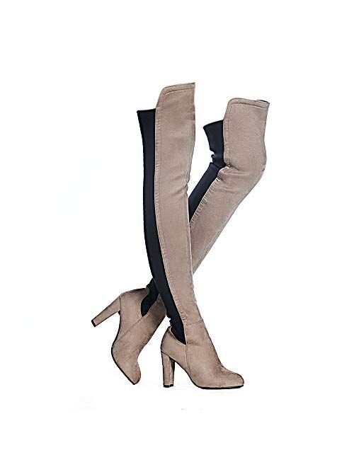 Shoe'N Tale Women Faux Suede Chunky Heel Stretch Over The Knee Thigh High Boots