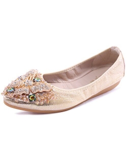 Cattle Shop Women's Foldable Flats Rhinestone Sparkly Wedding Shoes Comfort Slip On Pointed Toe Ballet Flat Shoe