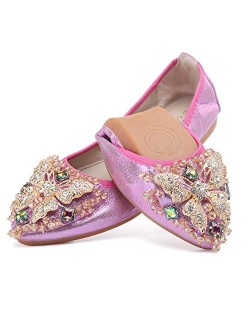 Cattle Shop Women's Foldable Flats Rhinestone Sparkly Wedding Shoes Comfort Slip On Pointed Toe Ballet Flat Shoe