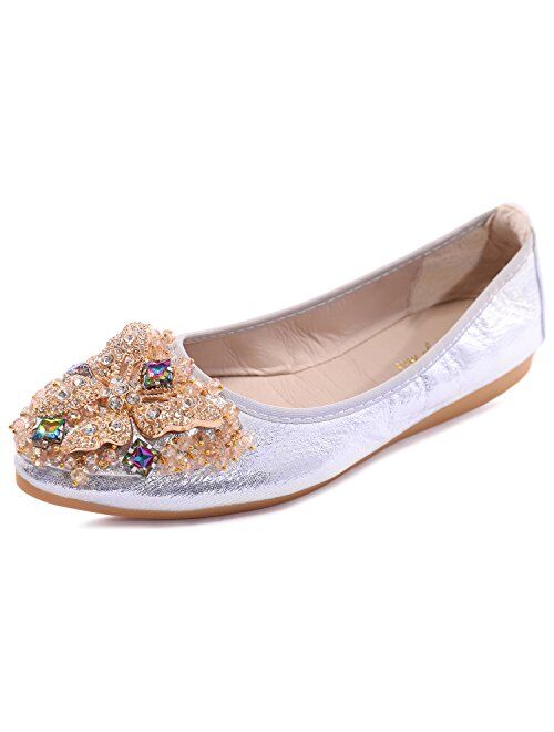 Cattle Shop Women's Foldable Flats Rhinestone Sparkly Wedding Shoes Comfort Slip On Pointed Toe Ballet Flat Shoe