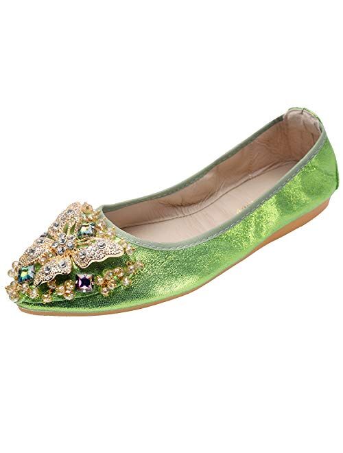 Cattle Shop Women's Foldable Flats Rhinestone Sparkly Wedding Shoes Comfort Slip On Pointed Toe Ballet Flat Shoe