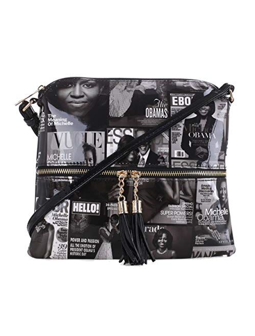 Glossy Magazine Cover Lightweight Medium Crossbody Bag with Tassel Michelle Obama Purse