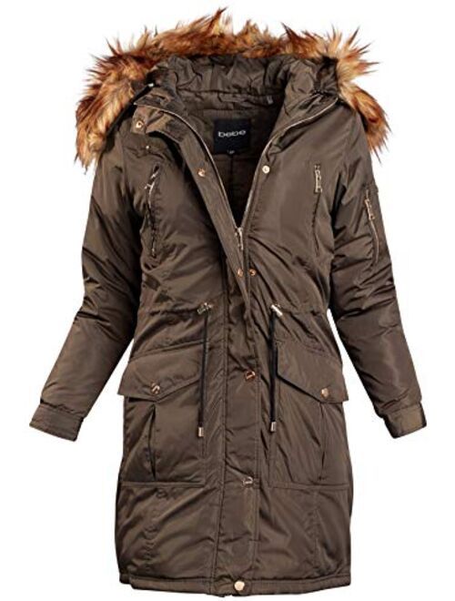 bebe Women's Outerwear - Heavyweight Insulated Long Length Parka Jacket with Faux Fur Hood