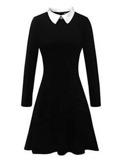 Aphratti Women's Long Sleeve Casual Peter Pan Collar Fit and Flare Skater Dress