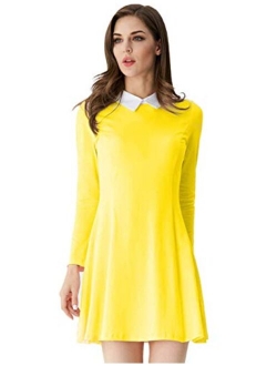 Aphratti Women's Long Sleeve Casual Peter Pan Collar Fit and Flare Skater Dress