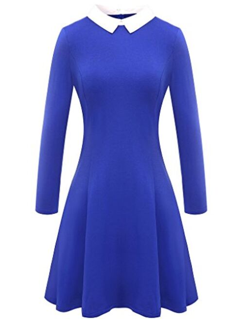 Aphratti Women's Long Sleeve Casual Peter Pan Collar Fit and Flare Skater Dress