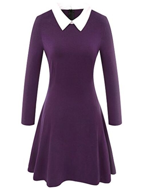 Aphratti Women's Long Sleeve Casual Peter Pan Collar Fit and Flare Skater Dress