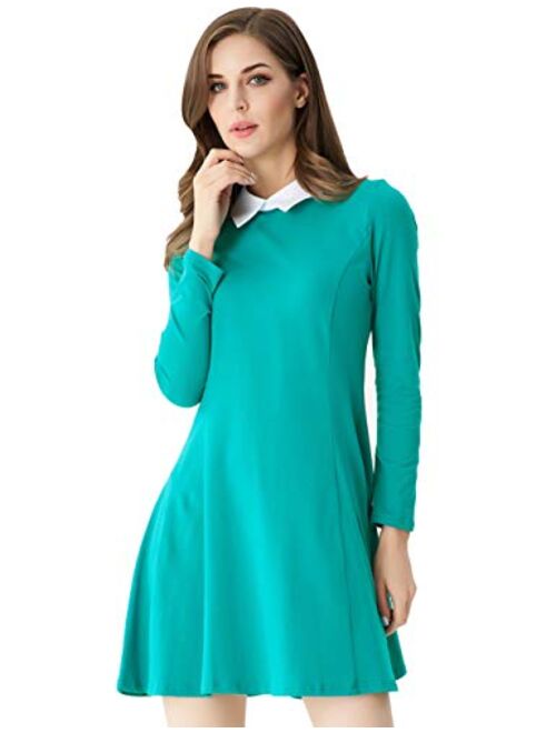 Aphratti Women's Long Sleeve Casual Peter Pan Collar Fit and Flare Skater Dress