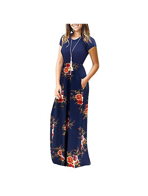 Lesfin Women's Short Sleeve Loose Floral Maxi Dresses Casual Long Dresses with Pockets