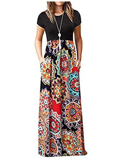 Lesfin Women's Short Sleeve Loose Floral Maxi Dresses Casual Long Dresses with Pockets