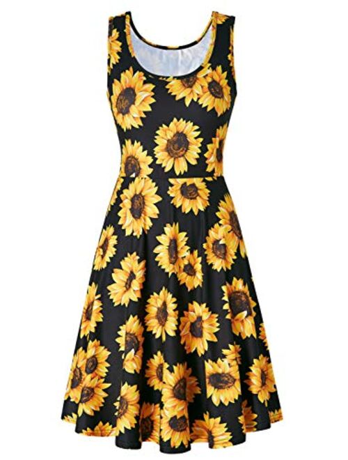 Fanient Womens Sleeveless Dress Casual Print Scoop Neck Sundress A Line Midi Dresses