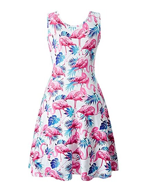 Fanient Womens Sleeveless Dress Casual Print Scoop Neck Sundress A Line Midi Dresses