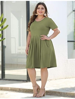 AUSELILY Women's Plus Size Round Neck Short Sleeve Pleated Loose Swing Casual Dress with Pockets Knee Length