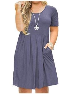 AUSELILY Women's Plus Size Round Neck Short Sleeve Pleated Loose Swing Casual Dress with Pockets Knee Length