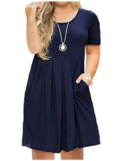 AUSELILY Women's Plus Size Round Neck Short Sleeve Pleated Loose Swing Casual Dress with Pockets Knee Length