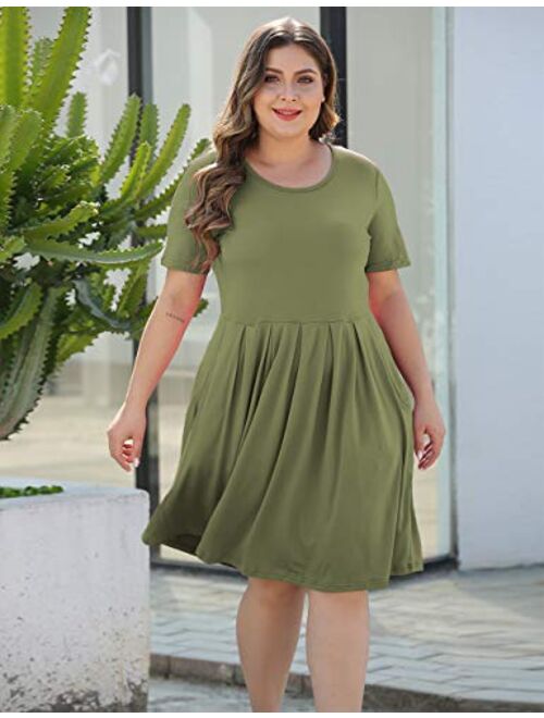 AUSELILY Women's Plus Size Round Neck Short Sleeve Pleated Loose Swing Casual Dress with Pockets Knee Length