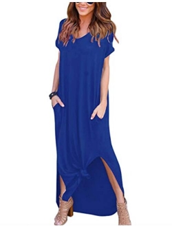 AKEWEI Summer Maxi Dresses for Women,V Neck Short Sleeve Long Dresses & Plain Loose Casual Beach Dress with Pocket