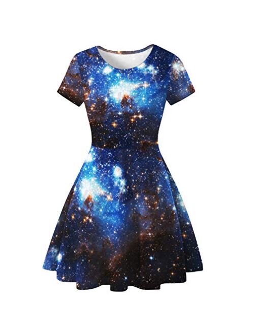 Fancy Youyee Women's 3D Print Short Sleeve Casual Flared Midi Dress