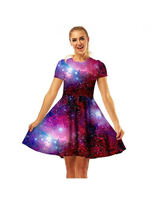 Fancy Youyee Women's 3D Print Short Sleeve Casual Flared Midi Dress