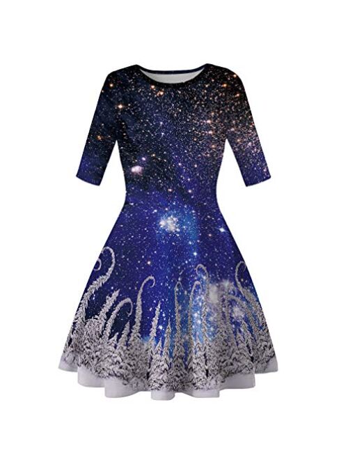 Fancy Youyee Women's 3D Print Short Sleeve Casual Flared Midi Dress