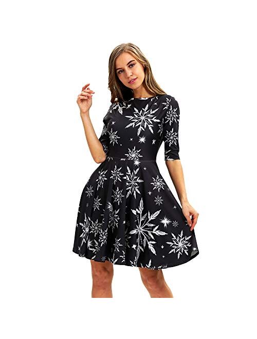 Fancy Youyee Women's 3D Print Short Sleeve Casual Flared Midi Dress