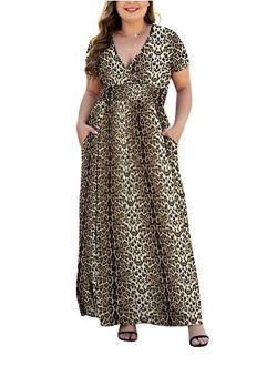 HAOMEILI Women's L-5XL Short Sleeve V-Neck Plus Size Casual Maxi Dresses with Pockets