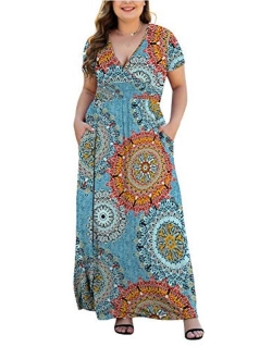 HAOMEILI Women's L-5XL Short Sleeve V-Neck Plus Size Casual Maxi Dresses with Pockets