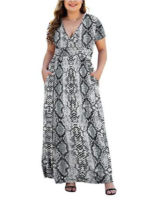 HAOMEILI Women's L-5XL Short Sleeve V-Neck Plus Size Casual Maxi Dresses with Pockets