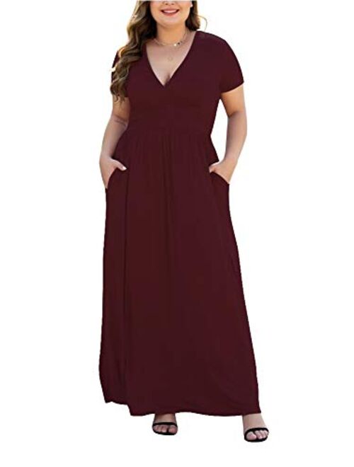 HAOMEILI Women's L-5XL Short Sleeve V-Neck Plus Size Casual Maxi Dresses with Pockets